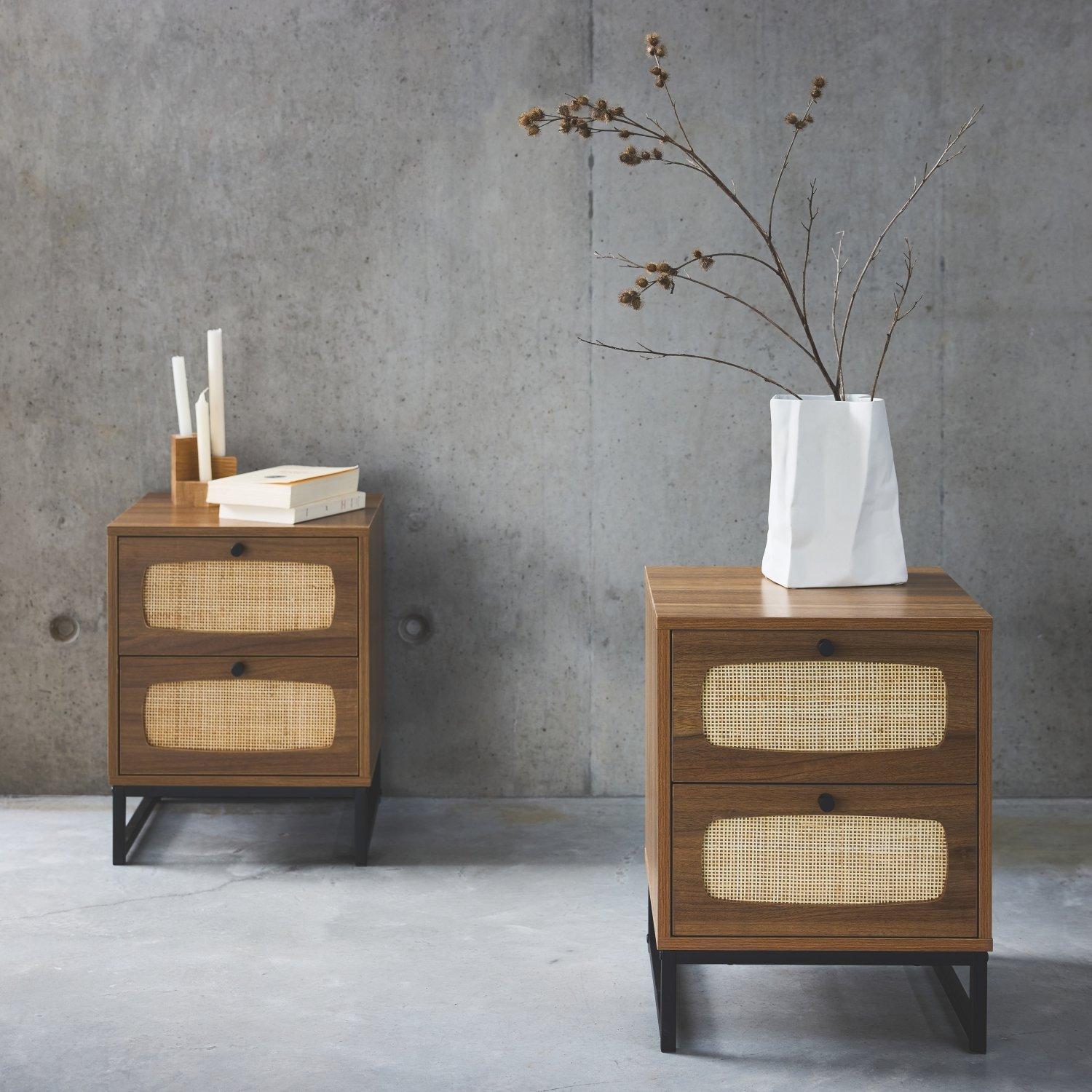 Set Of 2 Wood And Cane Bedside Tables